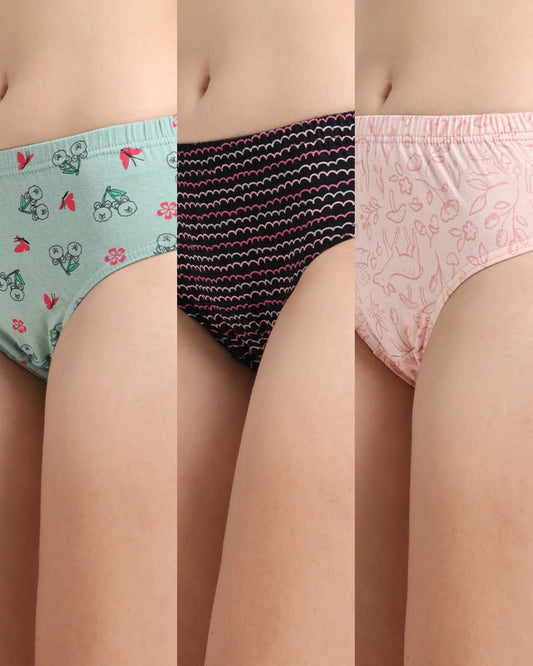 DUJE- Women’s Printed Panties -3-Pack Combo – Green, Black & Orange