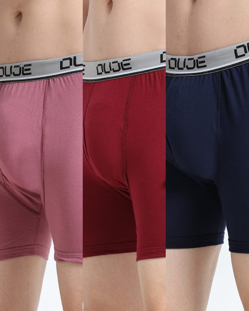 DUJE - Men’s Regular Trunks with Outer Elastic - 3-Pack Combo  – Pink, Maroon & Blue