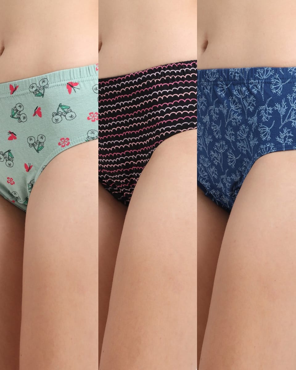 DUJE-Women’s Printed Panties -3-Pack Combo – Green, Black & Blue