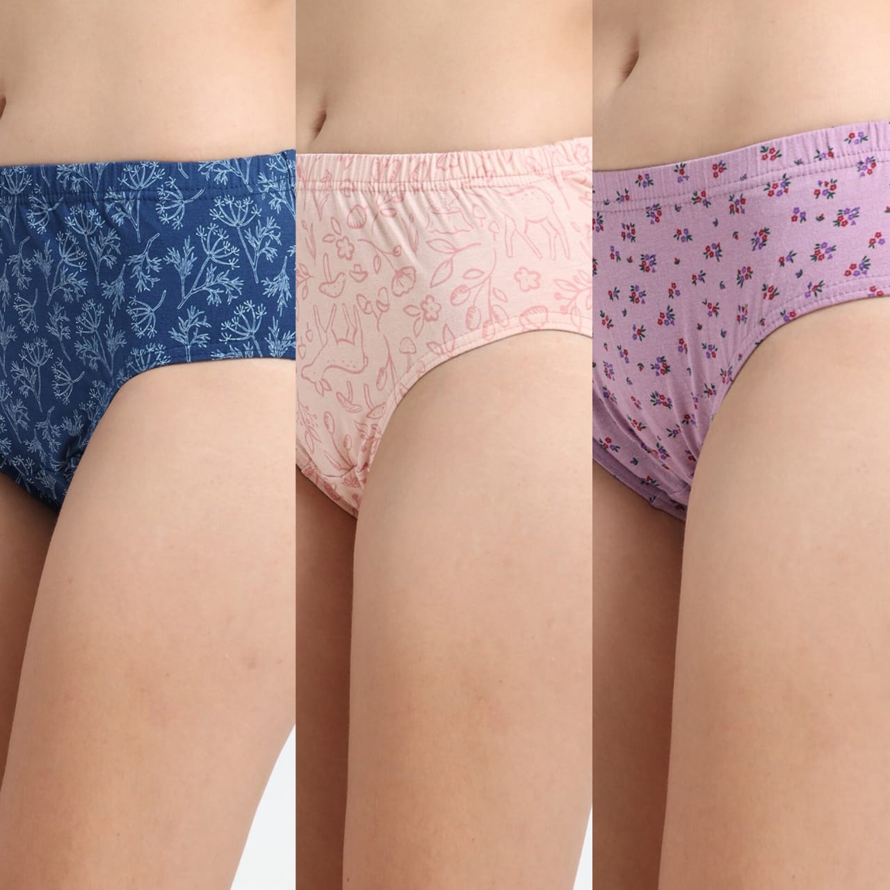 DUJE-Women’s Printed Panties -3-Pack Combo – Purple, Blue & Orange
