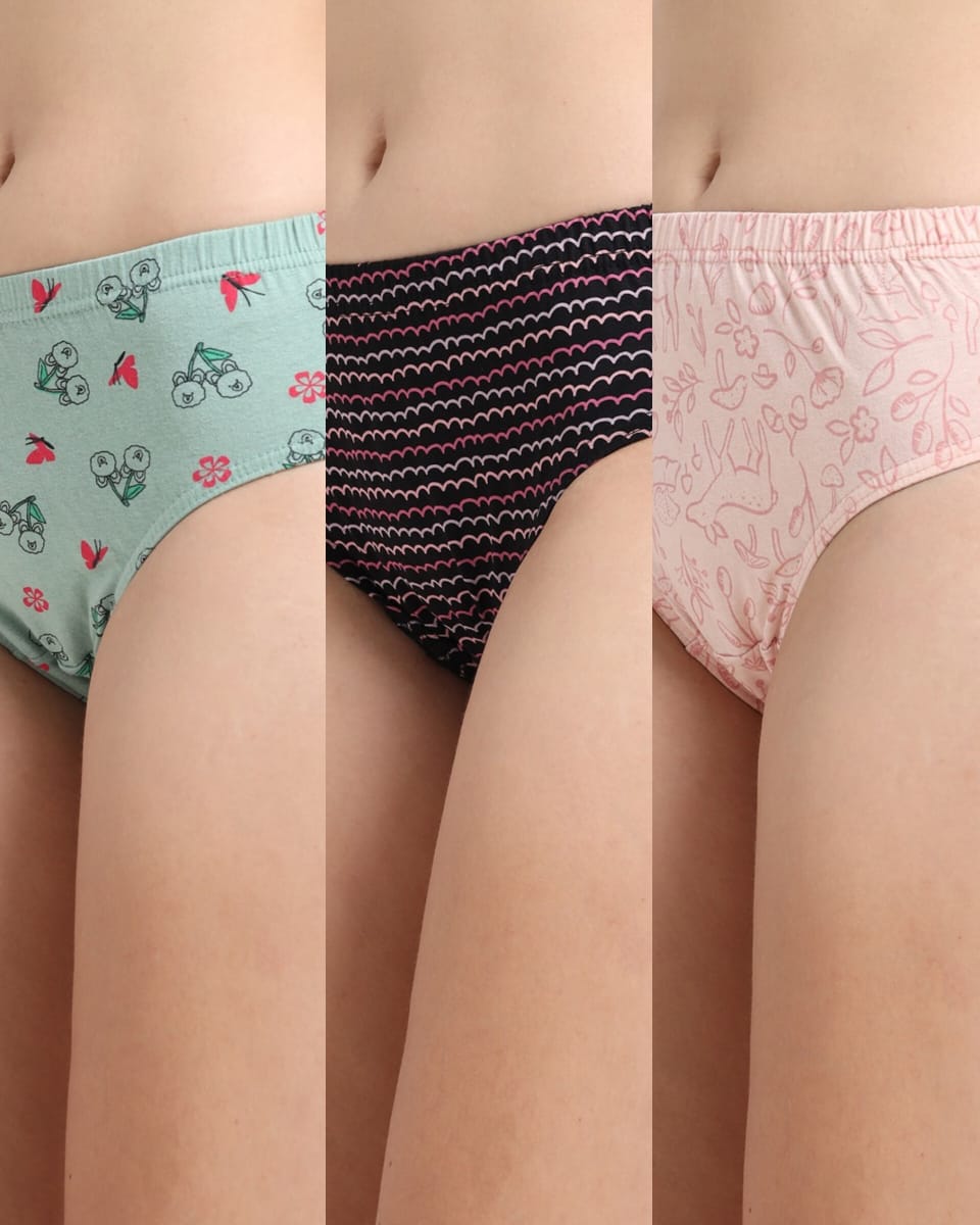 DUJE- Women’s Printed Panties -3-Pack Combo – Green, Black & Orange