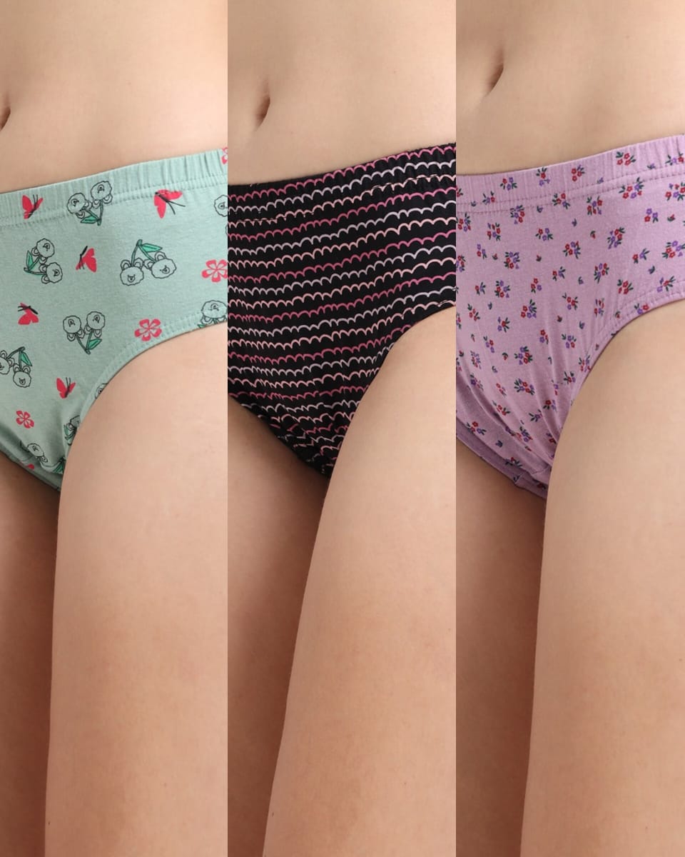 DUJE-Women’s Printed Panties -3-Pack Combo – Green, Black & Purple