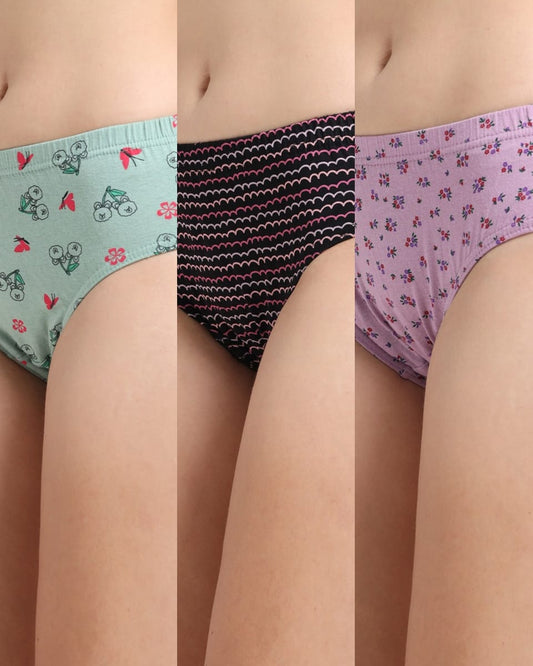 DUJE-Women’s Printed Panties -3-Pack Combo – Green, Black & Purple